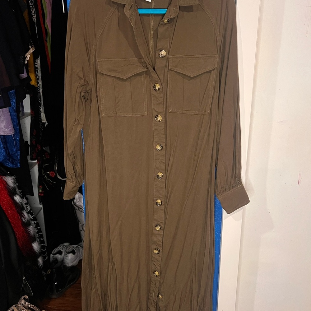 Khaki Button-Down Maxi Dress
